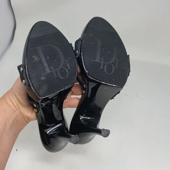 Dior Sz 37 Black Logo High Heel Sandals Bow Studs - Picture 11 of 16